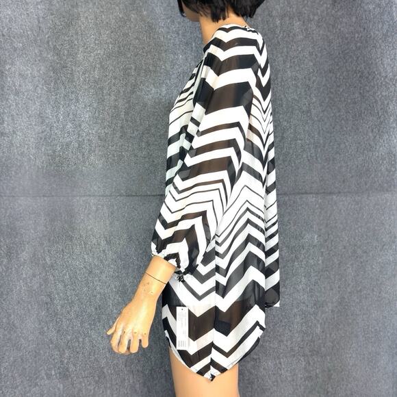 Sheer Chiffon Chevron Chic Tunic w/Tank L Asymmetric Hem Black/White Boho Flowy - Picture 7 of 15